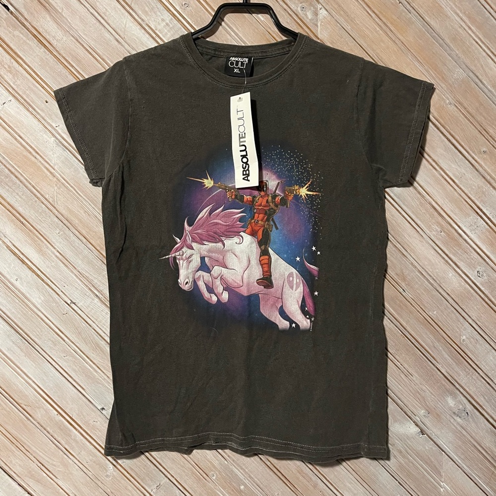 Deadpool shooting gun on a unicorn Absolute Cult XL fitted women’s T shirt